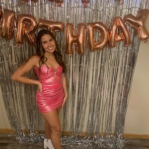 Lucy in the Skye Kim Front tie ruched dress in shimmer pink